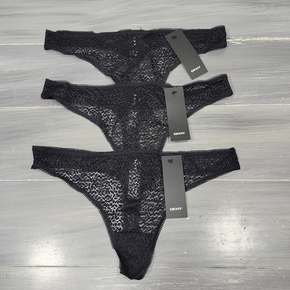DKNY Modern Lace Thong Panties Underwear DK5013 3 Pair‎ Black Lace Size Large